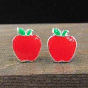 Sterling Silver Red Apple Stud Earrings Vintage